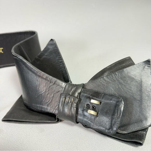 Jill Stuart Vintage Black Genuine Leather Bow Tie Wide Belt - Picture 8 of 12
